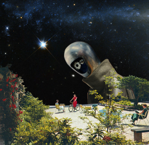 Author image for Genre Savvied depicting a robotic entity looking down at people in a garden patio with a galaxy backdrop.